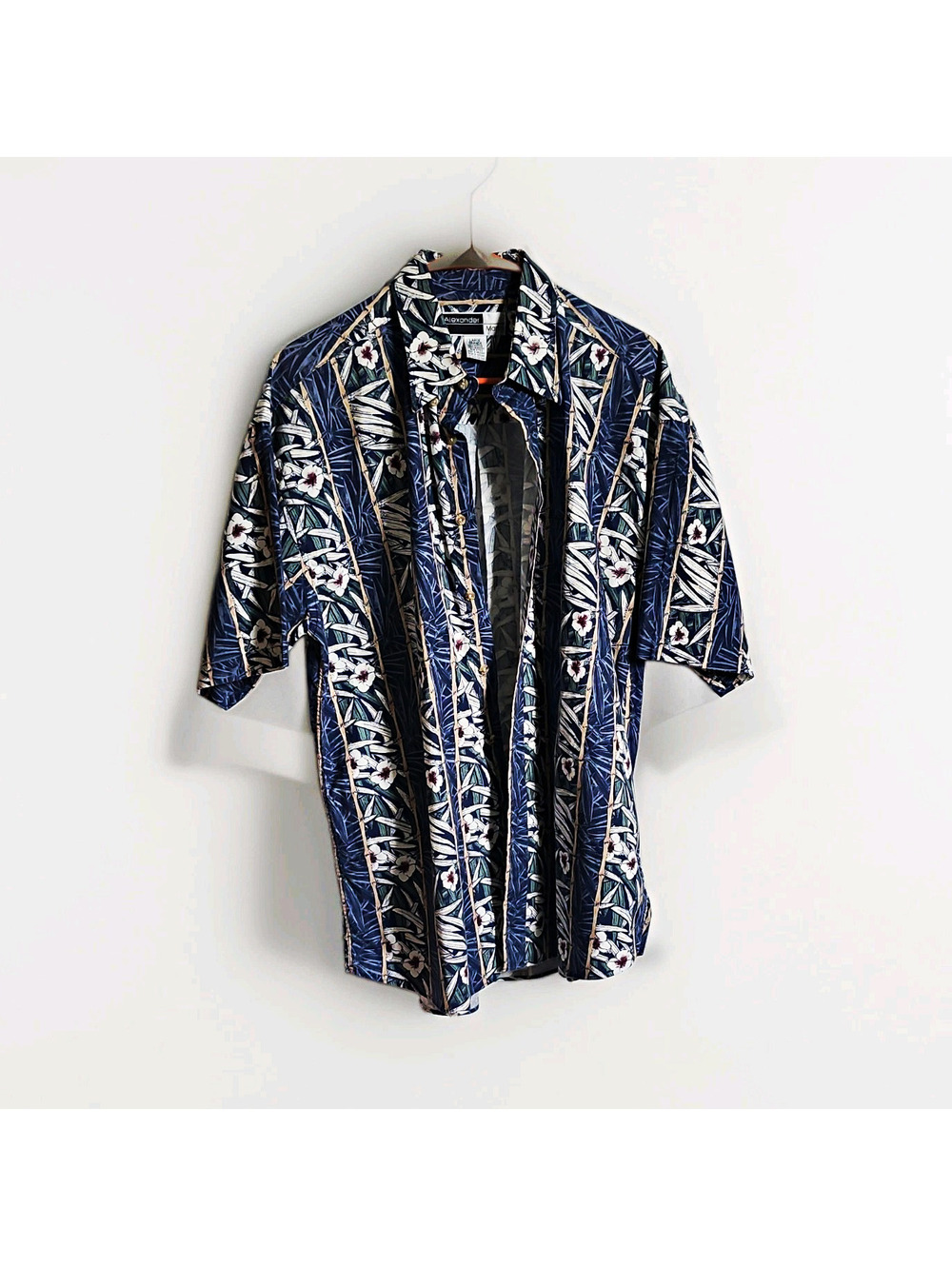 Alexander Martin Men's L Blue Tropical Floral Cotton Short Sleeve Button-Up